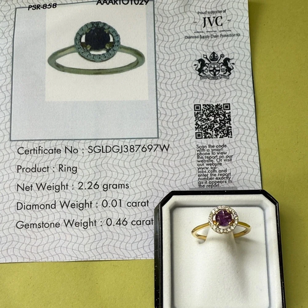 New 18K Gold Natural Amethyst and Natural Diamonds Ring in box with Certificate